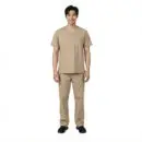 Wholesale men's tan v-neck scrub top and cargo pants set with short sleeves and multiple pockets